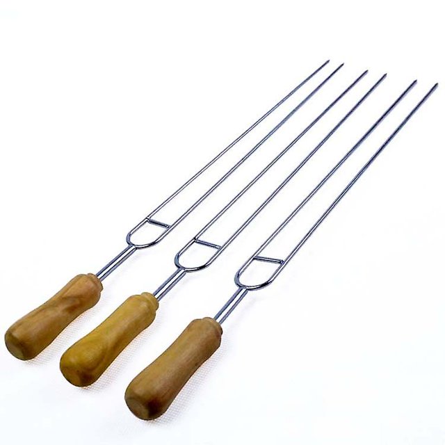 Stainless Steel Double Prongs Barbecue Shish Kebab Skewers With Wooden Handle6pcsbrown