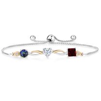 925 Silver and 10K Yellow Gold Blue Mystic Topaz Near Colorless White Moissanite Red Garnet and Lab Grown Diamond Tennis Bracelet for Women By Keren Hanan (2.22 cttw, Adjustable up To 9 inch)