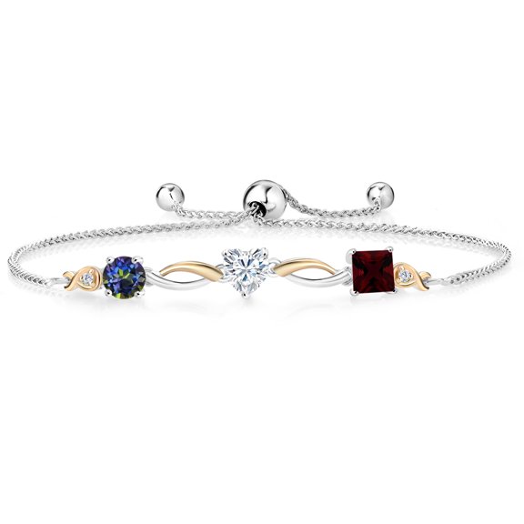 925 Silver and 10K Yellow Gold Blue Mystic Topaz Near Colorless White Moissanite Red Garnet and Lab Grown Diamond Tennis Bracelet for Women By Keren Hanan (2.22 cttw, Adjustable up To 9 inch)
