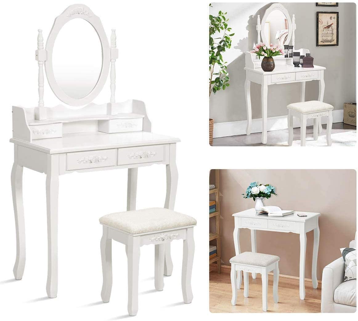 Alohappy Makeup Vanity Set with Oval Mirror & Stool for Girls, Vanity Table and Cushioned Stool Set with 4 Drawers, Wood Dressing Table for Bedroom, White
