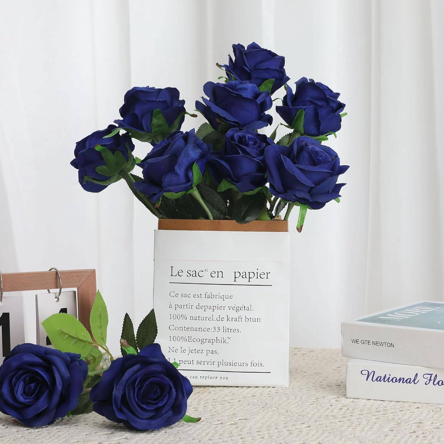 Blue Fake Roses Artificial Flowers - Fake Artificial Roses Silk Flowers with Stems for Home Wedding Hotel Office Centerpiece Decor（Navy Blue）