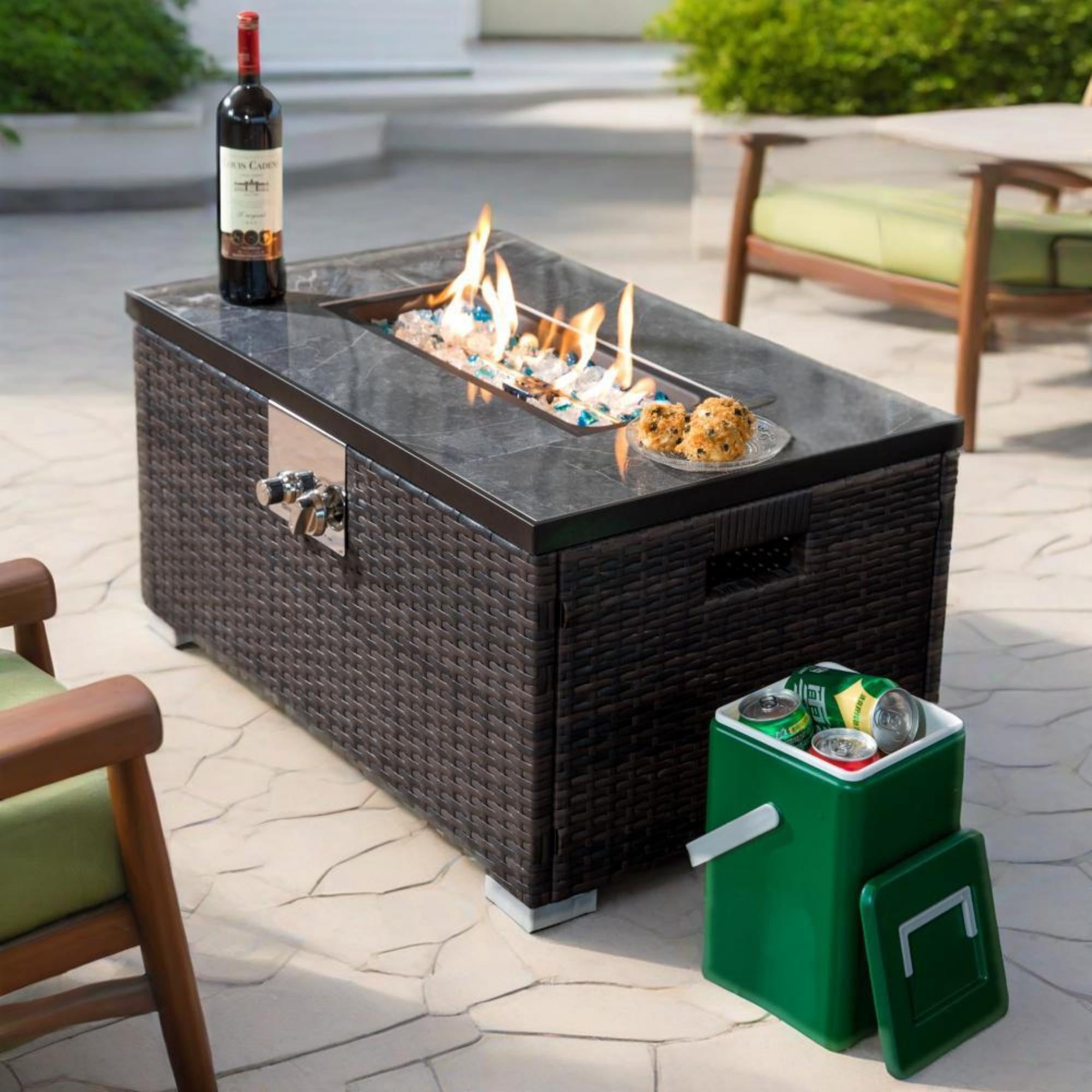 Olurrisa 32" Propane Gas Fire Pit Table, 50000 BTU Rectangular Fire Pit, Tile Tabletop with Beautiful Wicker Base for Outside Patio Deck Garden Courtyard-Brown