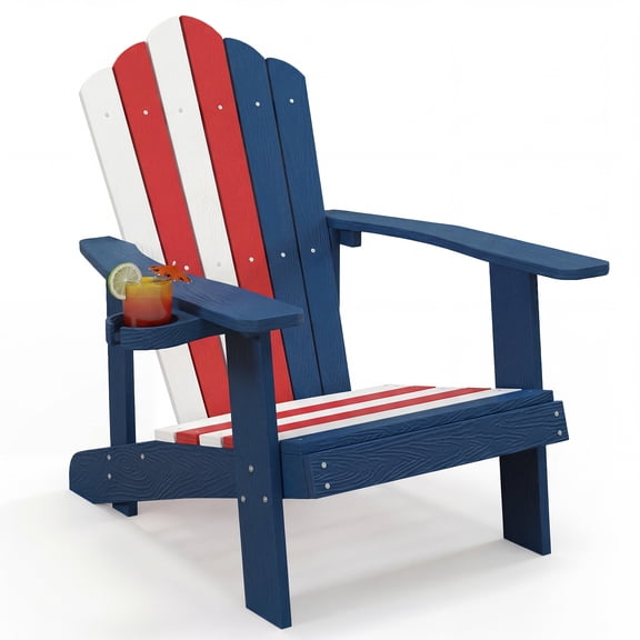 Costway Oversized Adirondack Chair,Patio Lounge Adirondack Chair with Adjustable Cup Holder Red+White+Blue