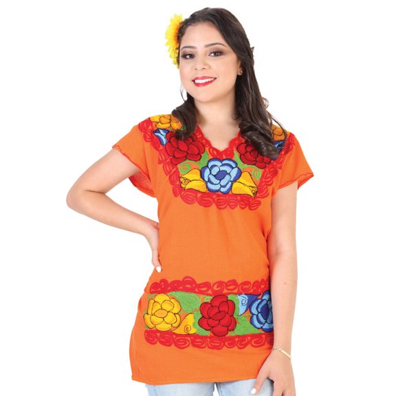 Artisanal Embroidered Blouse 100% Cotton Orange 602303