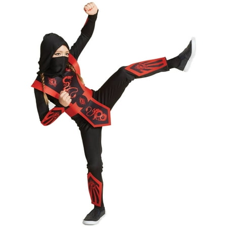 Girls Black & Red Dragon Ninja Fighter Halloween Costume Jumpsuit L 12-14