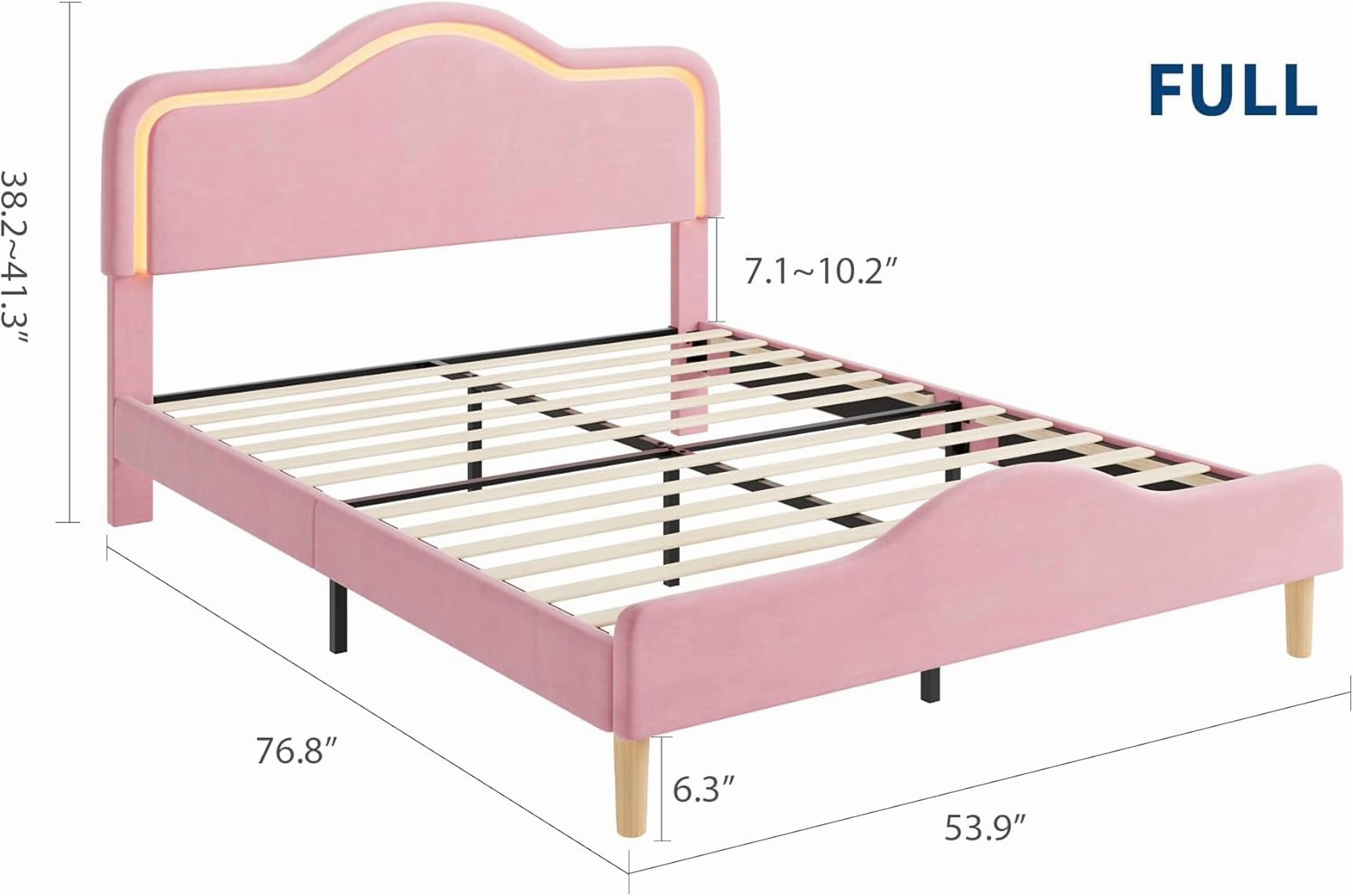 Full Size Upholstered LED Bed Frame with Adjustable Headboard and Footboard, Velvet Princess Platform Bedframe /, Wooden Slats Support, No Box Spring Needed, Easy Assembly, Pink