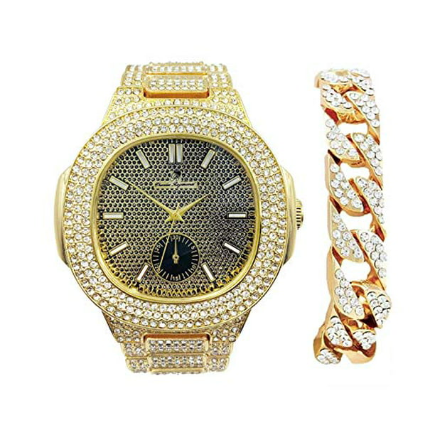 Bling-ed Out Cuban Bracelet with Oblong Iced Look Hip Hop Watch - 8475BC  Cuban (Gld Twilight Blk Panther)