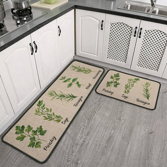 Parsley Sage Tarragon Mint Rosemary Decorative Kitchen Mats Set Of 2, Seasonal Holiday Party Low-Profile Floor Mat for Home Kitchen - 17x47 and 17x30 Inch