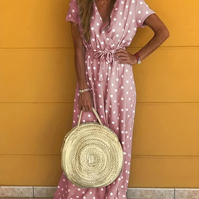 Polka Dot V Cou Maxi Robe à Manches Courtes Robe Décontractée pour les Vêtements d'Été et de Printemps pour Femmes