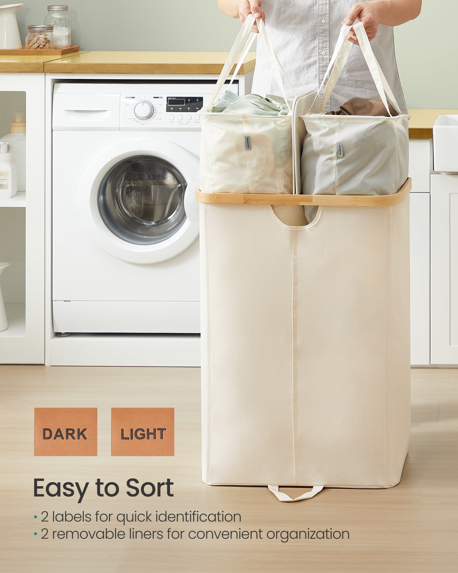 Laundry Hamper with 2 Lids, 39 Gal Dual Compartment Basket with Removable Liners, for Laundry Room Bedroom Living Room, Cream White & Bamboo