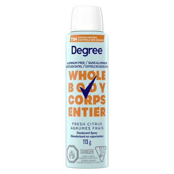 Déodorant en spray pour tout le corps Degree Women parfum agrumes frais, sans aluminium, protection contre les odeurs pendant 72 heures, 113 g