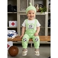 thumbnail image 4 of BemeyourBBs Newborn Baby Boy My First Soccer Game Outfits Baby Boy Spring Summer Fall Clothes 0 3 6 12 18 Months Letter Football Print Short Sleeve Rompers Suspender Pants Hat 3Pcs Set, 4 of 9