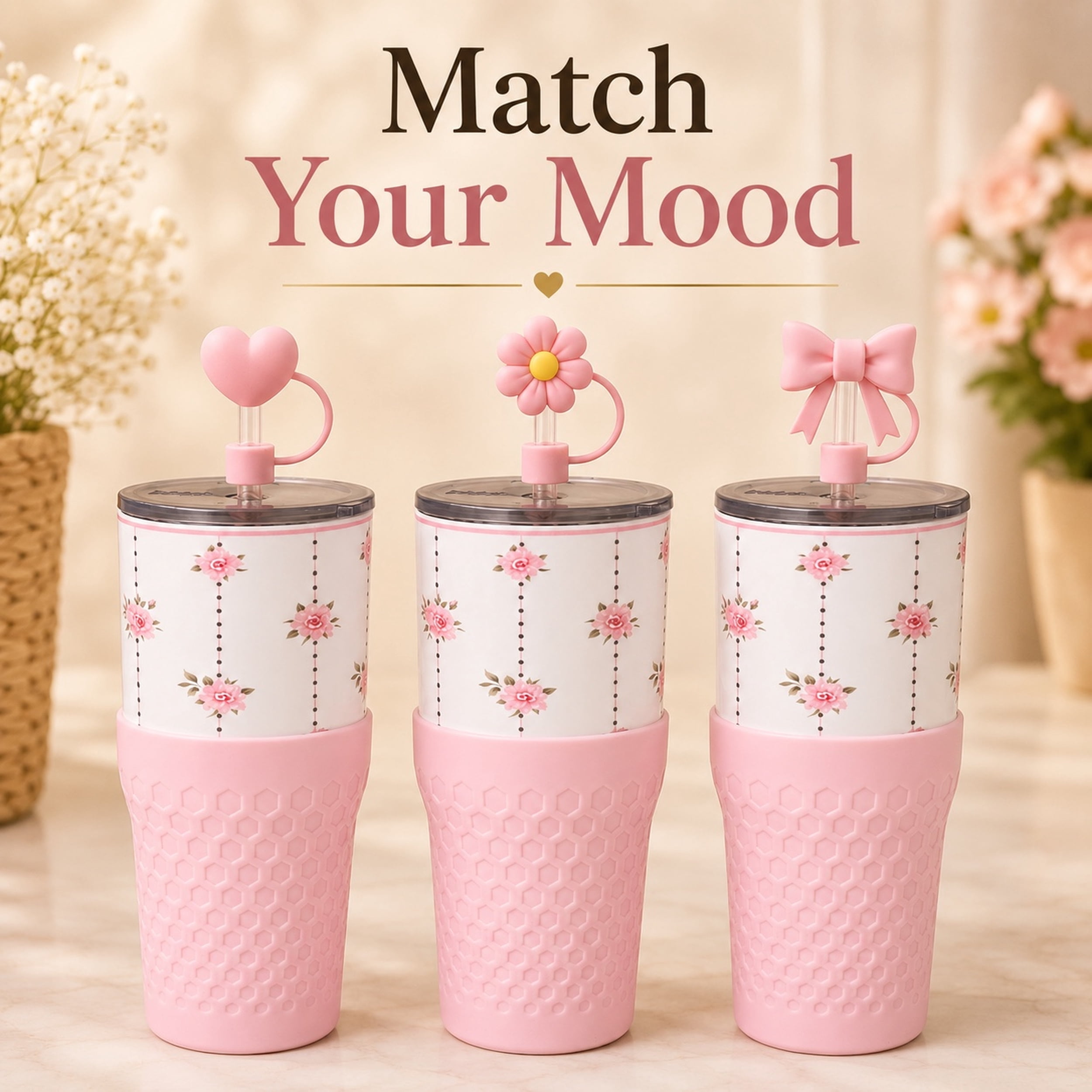 Biddlebee Pink Heart, Flower and Bow Straw Toppers, 3-Pack