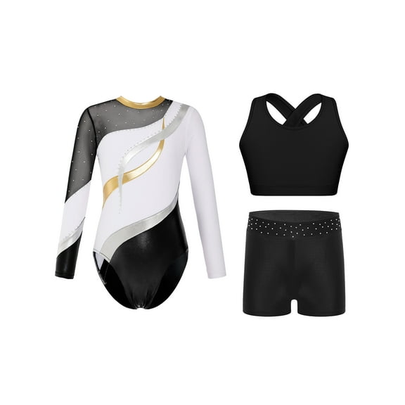 iiniim Girls 3 Piece Gymnastics Outfit Dance Bodysuit Dancewear Tank Ballet Unitards White 12