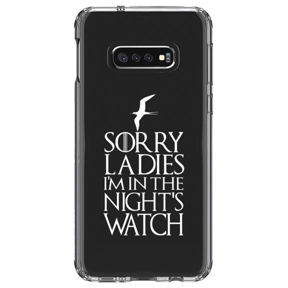 DistinctInk Clear Shockproof Hybrid Case for Samsung Galaxy S10e (5.8" Screen) - TPU Bumper Acrylic Back Tempered Glass Screen Protector - Sorry Ladies I'm In The Night's Watch
