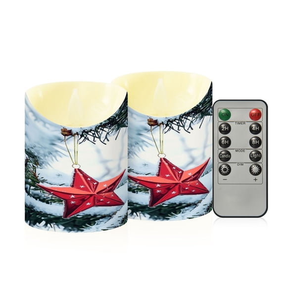 2 PCS Tilted Flameless Candles Flickering LED Lights Battery Operated Candles with Remote Timers for Holiday Decor Red Star-shaped Christmas Ornament