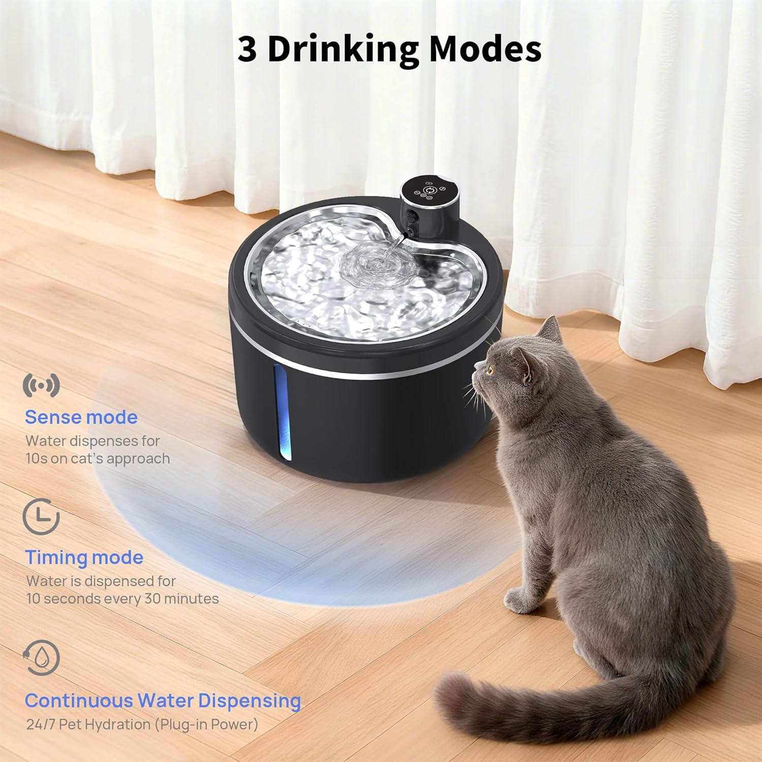 Cordless Cat Water Fountain 108oz 3L Stainless Steel Motion Sensor Battery Operated Pet Drinking Fountain