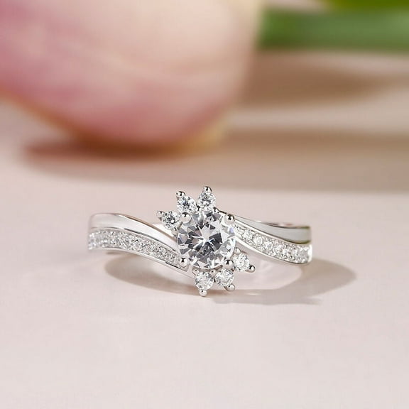 Oryn Jewelry 14K White Gold Plated Anniversary Ring - 1.5 Ct Round Cut Brilliant Moissanite for Women - Eternity Bypass Moissanite Rings for Women - Valentine Jewelry Gift for Her