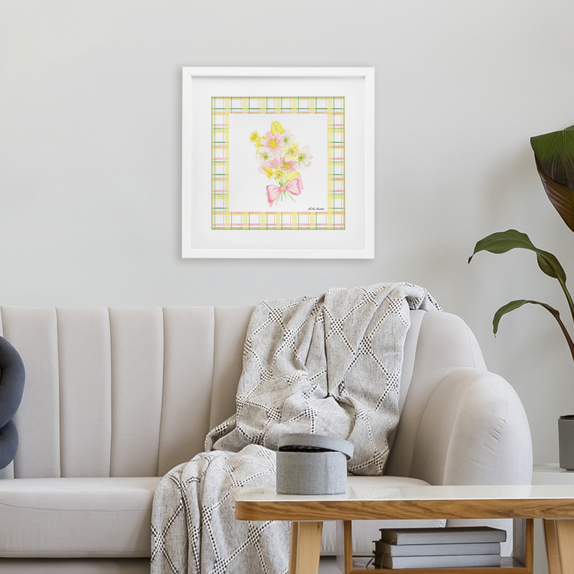 Spring Daffodils on Plaid White Framed Print Under Glass, design by Lee Ann Sanders
