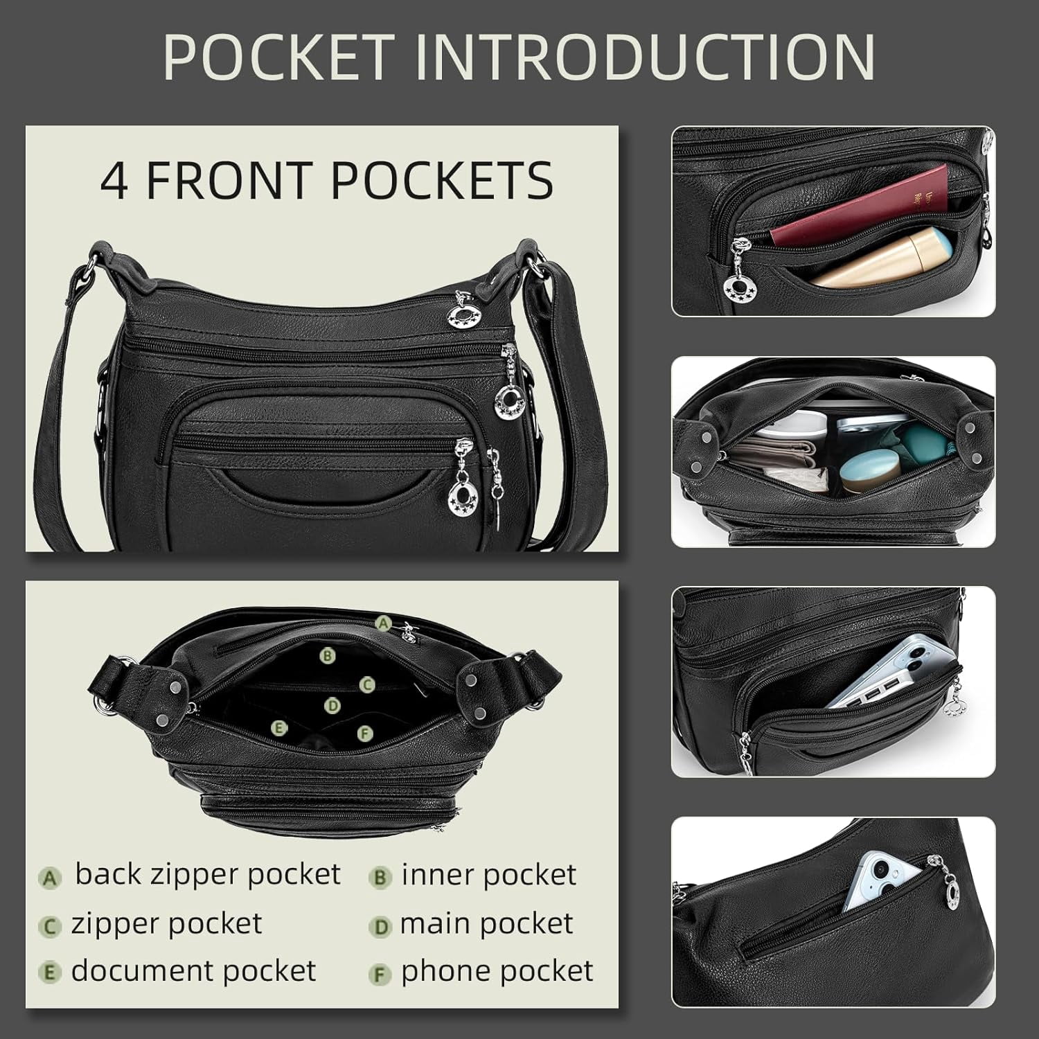 Crossbody Bag for Women Multi Pocket PU Leather Shoulder Handbag Large Capacity Lightweight Purse for Daily Use