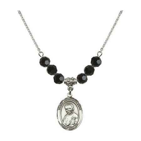 18-Inch Rhodium Plated Necklace with 6mm Jet Birth Month Stone Beads and Saint John Neumann