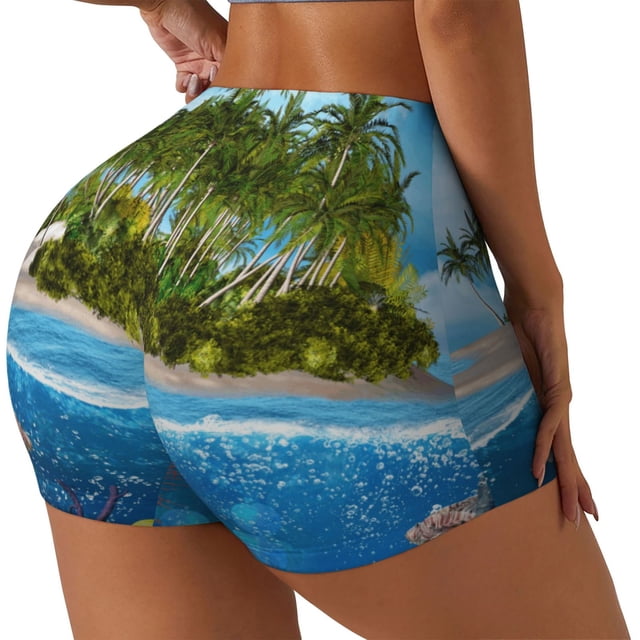 Fotbe Island And Coral Reef Shorts Sin Costuras – Shorts Deportivos de Cintura Alta para Mujer, Elásticos para Gimnasio, Yoga, Running o Ciclismo-XX-Large