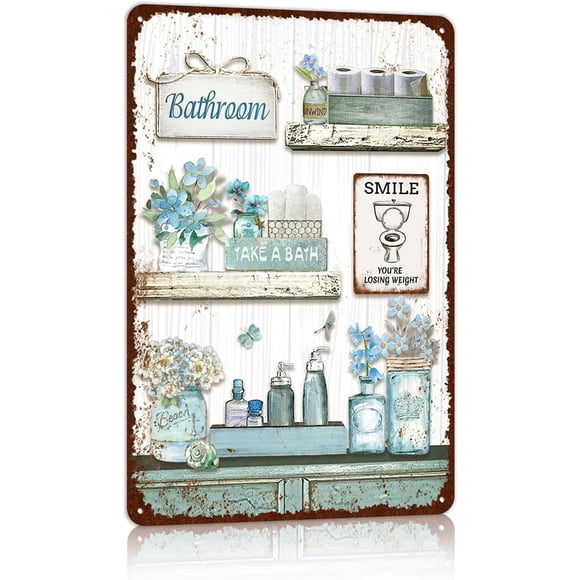 Vintage Farmhouse Bathroom Metal Tin Signs Rustic Flower Bathroom Decor Wall Art Country Bathroom Wall Decor 16X24 Inches