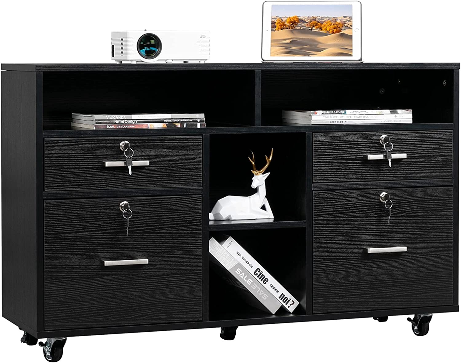 VINGLI Rolling 4-Drawer File Cabinet with Lock and Shelves, Wood Lateral Filling Printer Stand for Home Office, Black