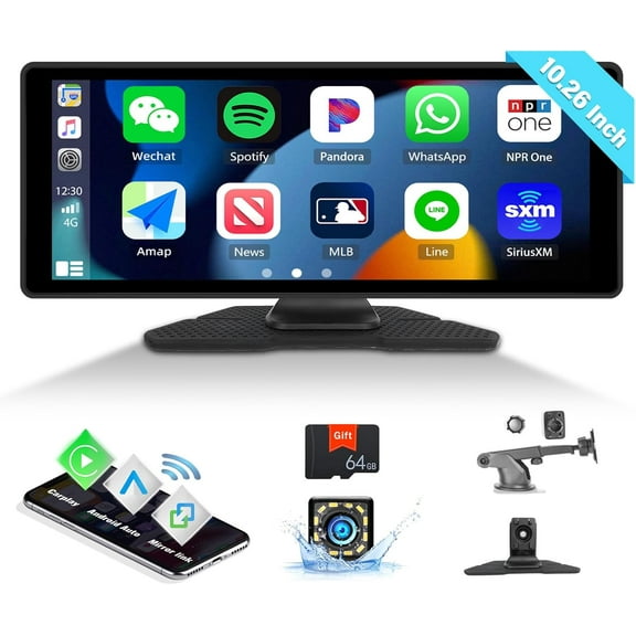 Rimoody Wireless Carplay Android Auto Portable Car Radio, 10.26 Inch HD Touchscreen Carplay Screen with Bluetooth FM Transmitter Mirror Link Voice Control AUX/Type-C 64G Card  Rear Camera