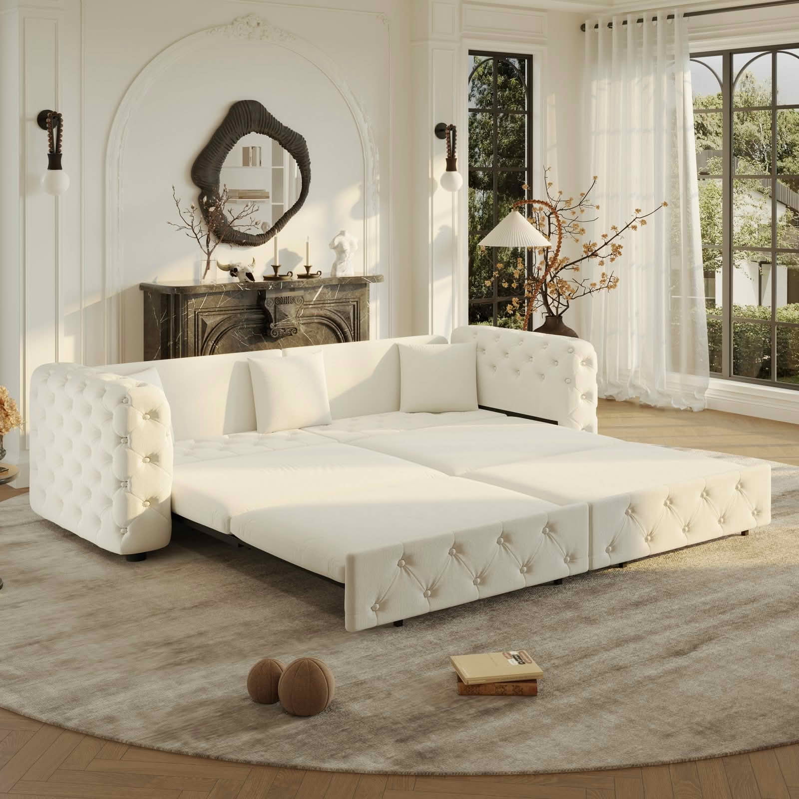 MAYEERTY 89" 4‑Seater 3‑in‑1 Pull‑Out Velvet Sofa Bed, Classic Tufted Multifunctional Couch with 3 Throw Pillows for Apartment & Living Room