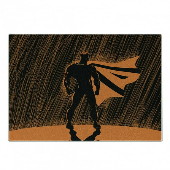 Superhero Cutting Board, Hero in Disguise at Night with Super Powers Hand Drawn Style Muscular Man Print, Decorative Tempered Glass Cutting and Serving Board, Small Size, Orange Black, by Ambesonne