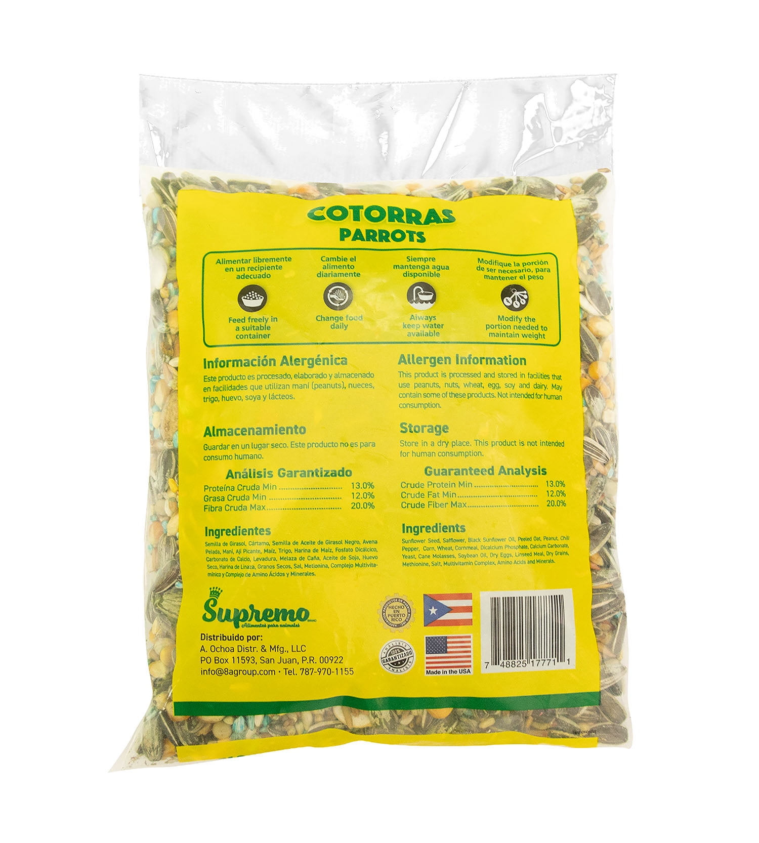 (4 pack) Supremo Cotorra & Guacamayos, Bird Seed, 1lb, Plastic Bag