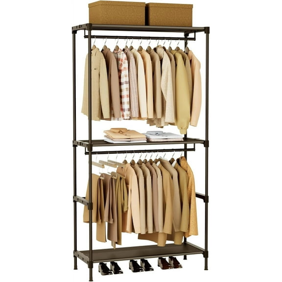 Clothes Rack, Portable Closet, 27.6 Inch Wardrobe Closet, Clothes Storage Organizer with Shelves and 2 Hanging Rods, Easy to Assembly, Black
