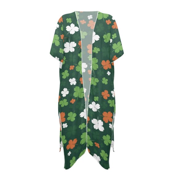 HELLHERO Casual Long Kimono Swimsuit Cover Up for Vacation High Quality Fabrics Breathable Bathing Suit Cover Up Multi-Green Shamrock Print