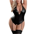thumbnail image 2 of Xysaqa Womens Sexy Backless Bodysuits Plus Size Faux Leather Bodysuit Tops V Neck One Piece Body Suit Women Lingerie 3X 4X 5X(Only Top), 2 of 6
