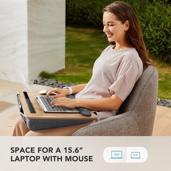Portable Lap Laptop Desk with Pillow Cushion, Fits up to 15.6 inch Laptop, with Anti-Slip Strip & Storage Function for Home Office Students Use as Computer Laptop Stand, Book Tablet