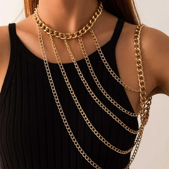 Sexy Harness Body Chain Boho Gold Necklace Choker Shoulder Chain Multi Row Chunky Cuban Arm Chain Unique Layered