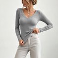 thumbnail image 3 of hotojiny Women's Fall Long Sleeve T Shirts with Built-In Bra Ribbed Knit Slim Fit Casual Basic Tops V Neck Stretch Sweaters(Gray,X-Large), 3 of 6