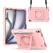 Kids Durable Handle Case for iPad Pro 11 Inch 5th Generation 2024, Silicone PC Heavy Duty Protection [360 Rotating Ring Stand/Adjustable Shoulder Strap] Tablet Case Cover, Rosegold