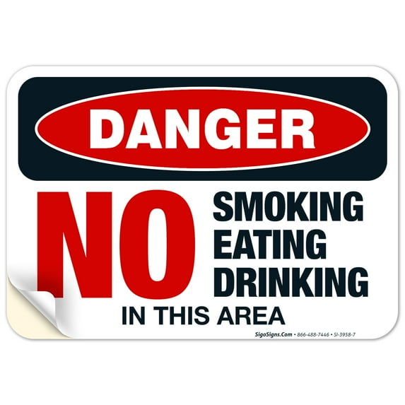 Danger No Smoking Eating Drinking In This Area Sign, OSHA Danger Sign, 10x7 Vinyl Sticker
