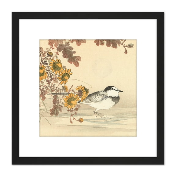 Kono Bairei Wagtail Bird Flowers Japanese Woodblock 8X8 Inch Square Wooden Framed Wall Art Print Picture with Mount