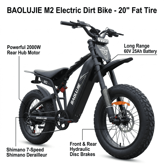 2000W 60V Electric Dirt Bike 20" Fat Tire, 25AH Battery Dual Suspension Aluminum Frame Shimano 7 Speed 203MM Hydraulic Disc Brake Off-Road Adult Ebike