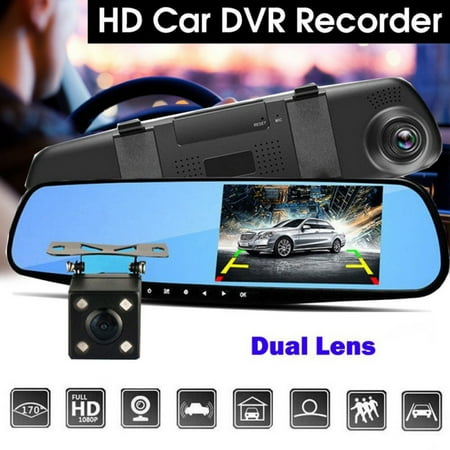 Joy Cam Dual Lens Car DVR Reverse + Rear View Camera Kit HD LCD Mirror Monitor Video Recorder Night Vision Dash Cam ()