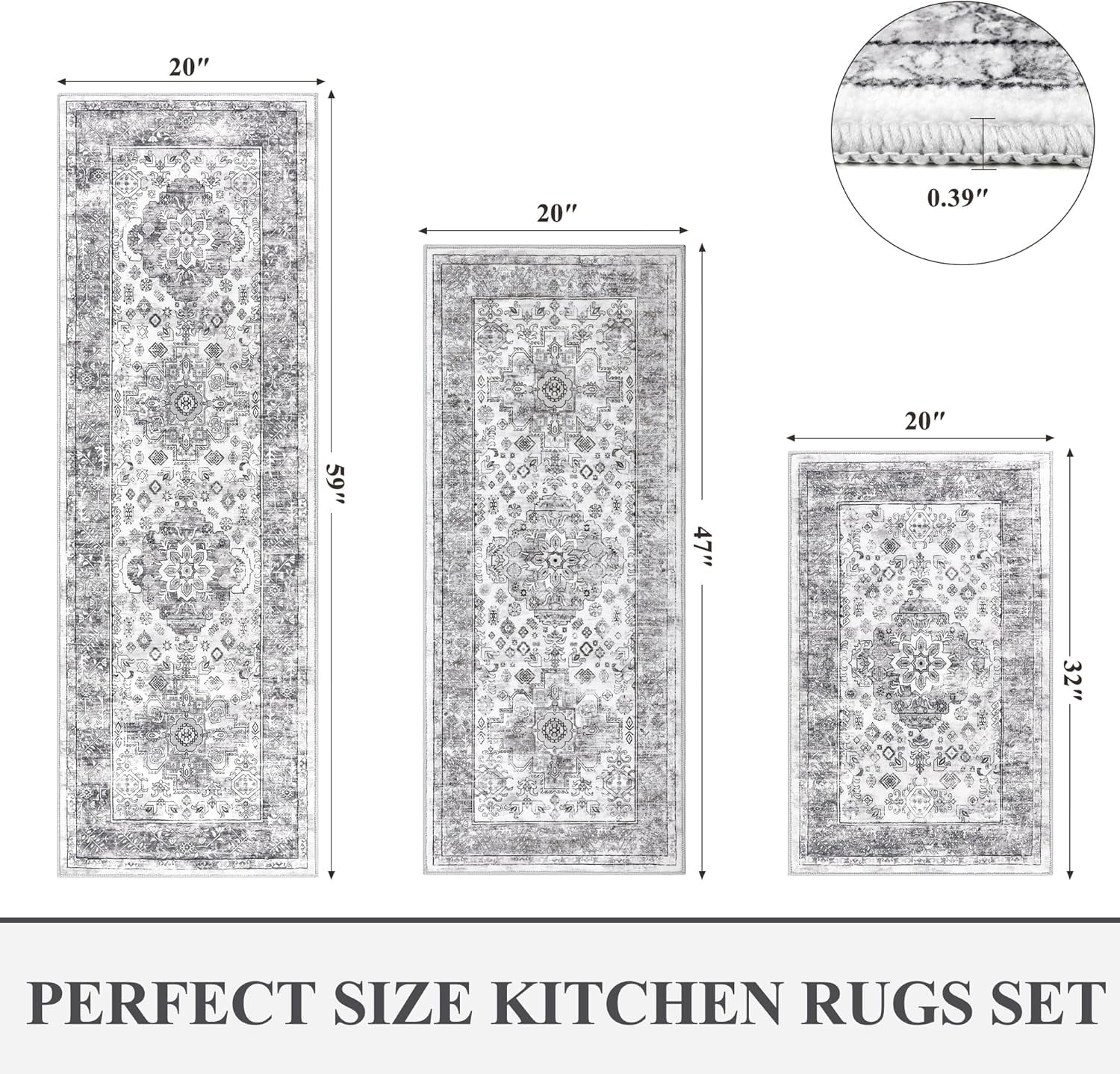 Kitchen Rug and Mat, Yamaziot Kitchen Runners Rugs Set of 3, Washable Non Slip Farmhouse Hallway Laundry Room Mat for Floor, Comfort Vinatge Boho Carpet