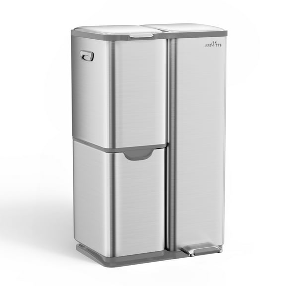mVm 16 Gal Kitchen Trash Can, 3 Compartment Garbage Can, Heavy Duty Anti Fingerprint Brushed Recycling Bin for Office Home（Tin）