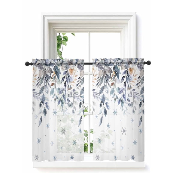 Christmas Tier Curtains 45 Inch Length,Sheer Curtains for Bedroom Living Room Window Blue Poinsettia Eucalyptus Snowflake Winter Small Half Window Kitchen Curtains & Drapes 27.5"x45" 2 Panels