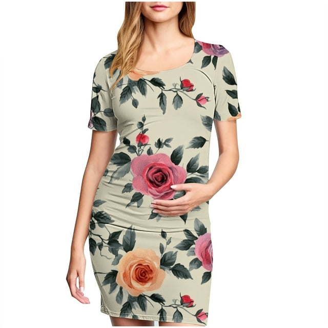 yoeyez Robes de Maternité pour Femmes Grande Taille à Manches Courtes à Encolure Dégagée Robe à Imprimé Floral Allaitement Robe de Maternité d'Allaitement Robe Soleil Moulante Froncée Midi Ajustée Robes Multicolore,P