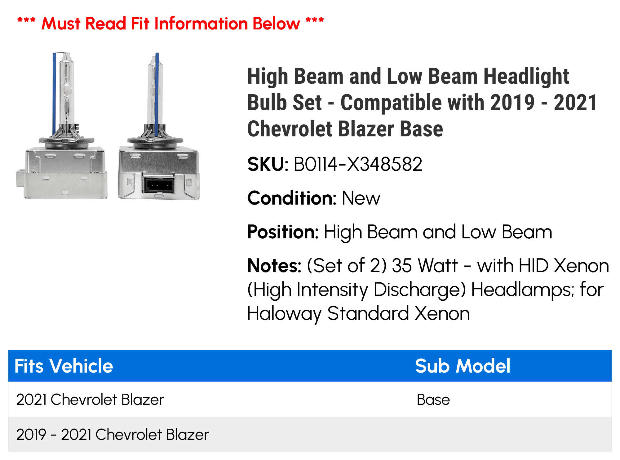 High Beam and Low Beam Headlight Bulb Set - Compatible with 2019 - 2021 Chevy Blazer Base 2020