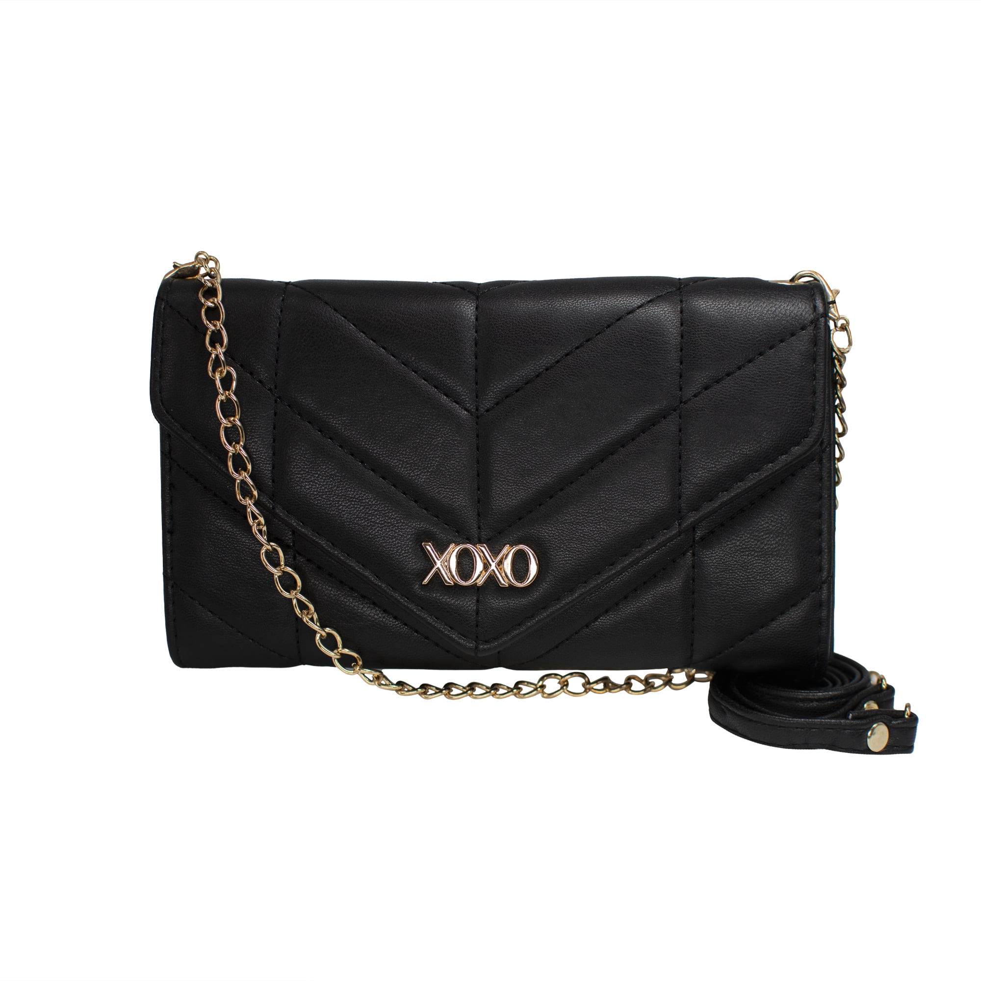 XOXO Women’s Small Black Vegan Leather Quilted Fold Wallet withCrossbody Strap