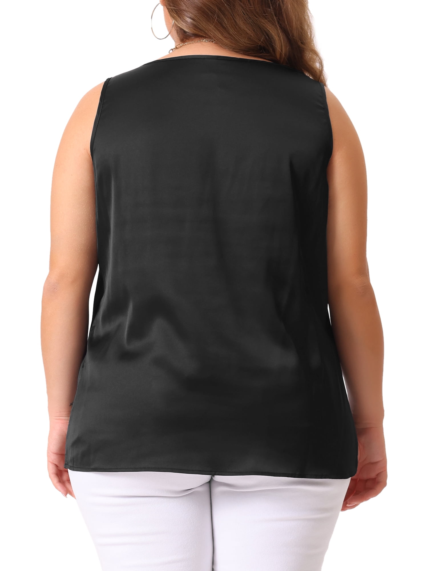 DARING DIVA Women's Plus Casual Silk Satin Tank Top V Neck Cami Blouse 1X Black